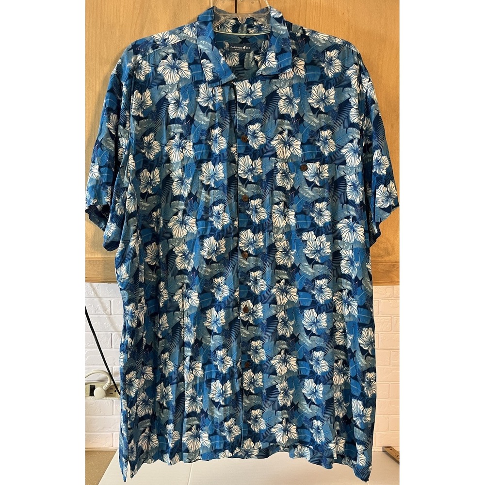 Caribbean Joe‎ Button Down Shirt Mens 3XT Blue Tropical Hibiscus Viscose Tall